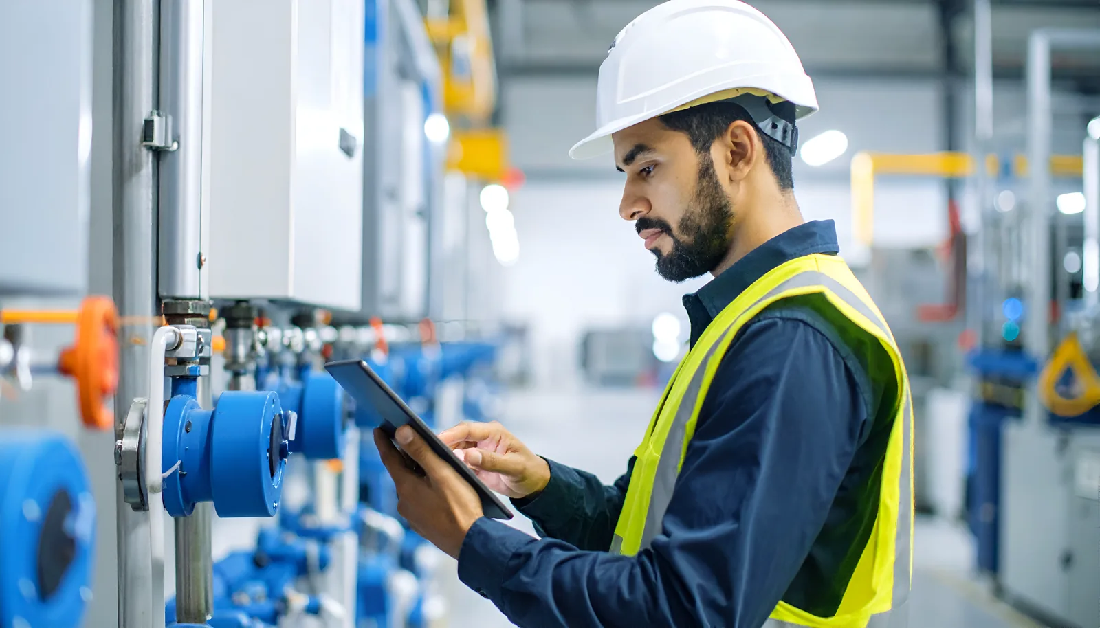 Technician recording an equipment inspection on a tablet in a factory
