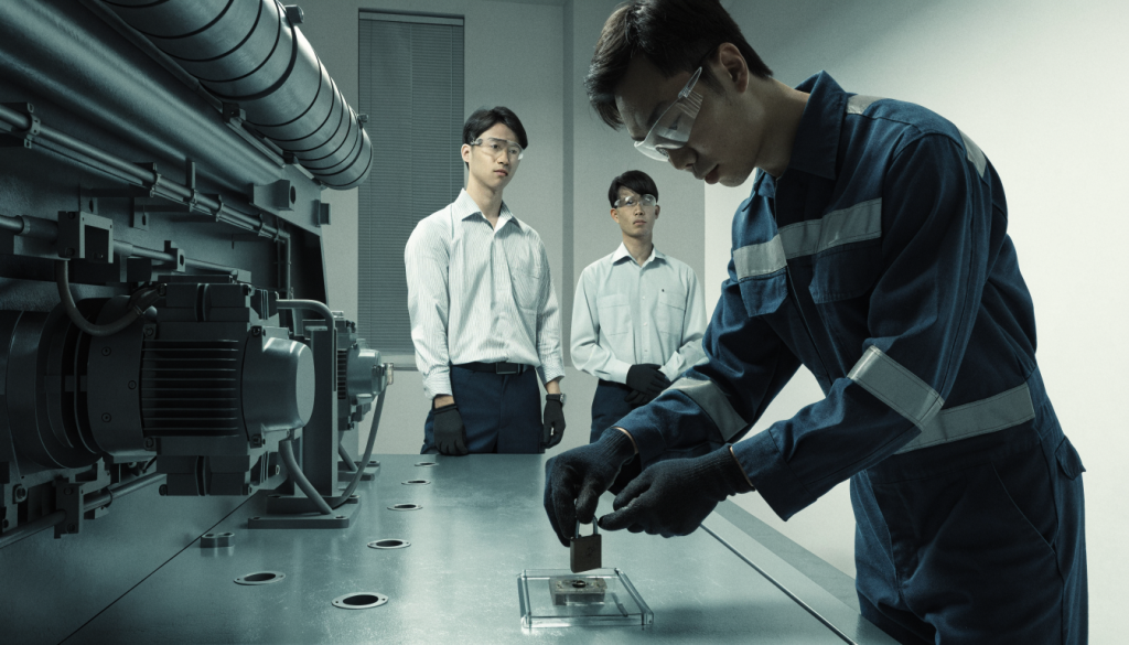 Kỹ thuật viên giới thiệu ổ khóa trong buổi trao đổi an toàn thiết bị