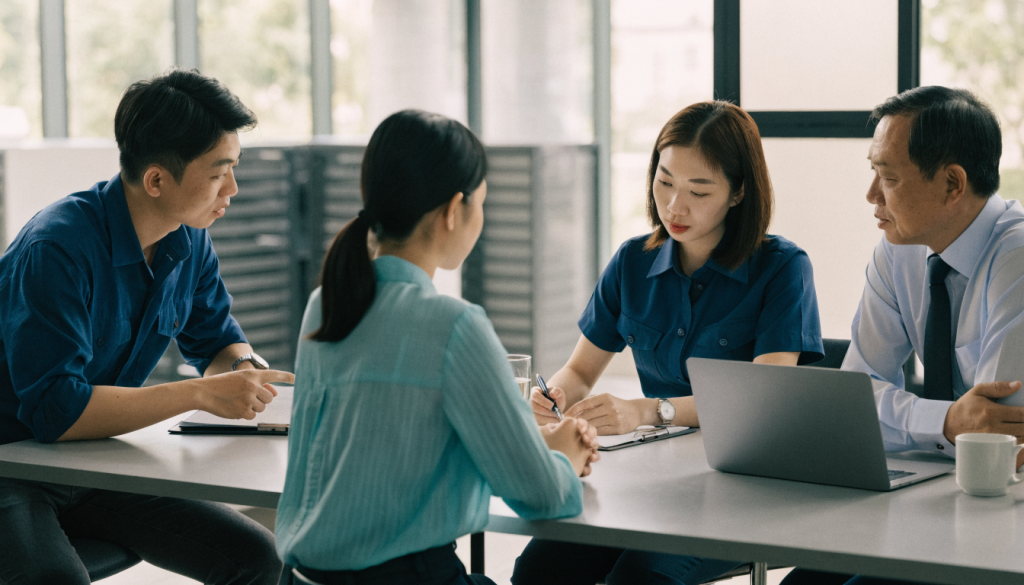 Người lao động và quản lý trao đổi về vấn đề an toàn tại nơi làm việc