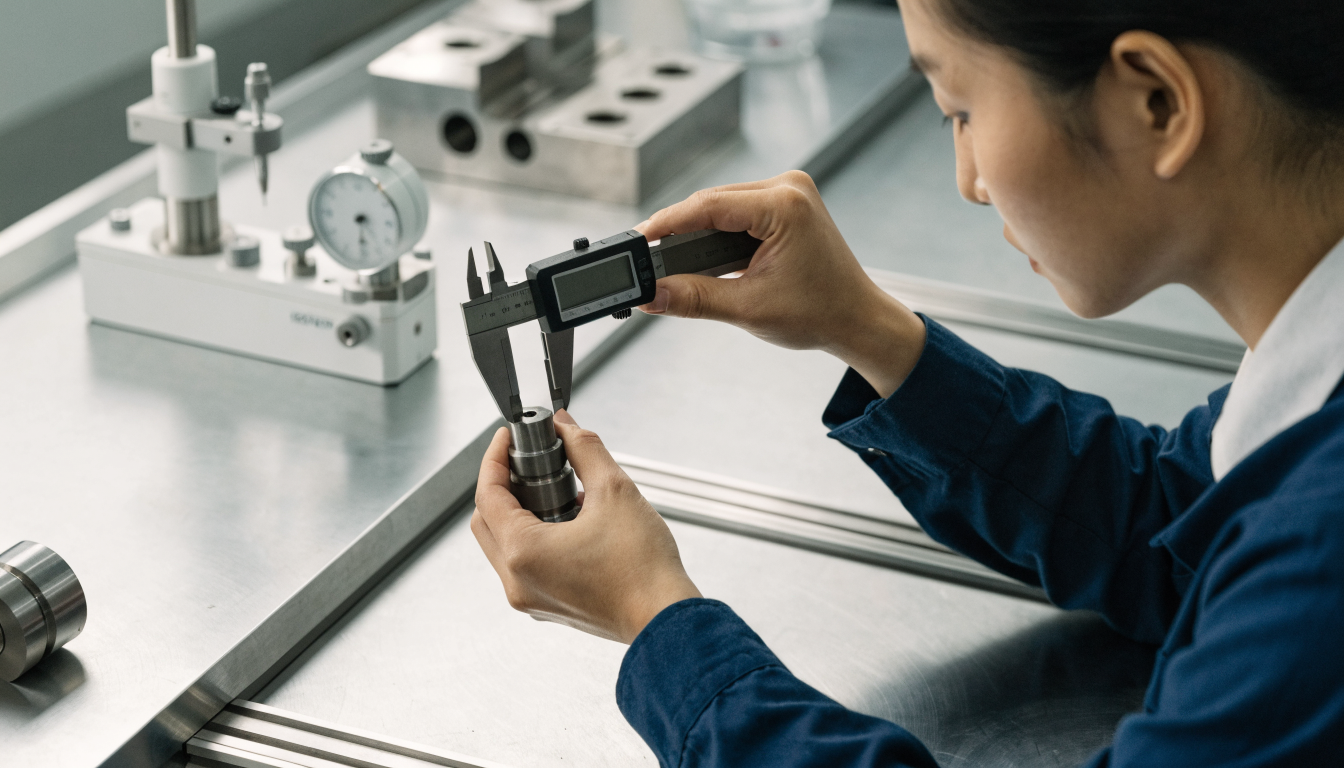 Technician using a caliper to inspect a metal component / Kỹ thuật viên sử dụng thước cặp kiểm tra chi tiết kim loại
